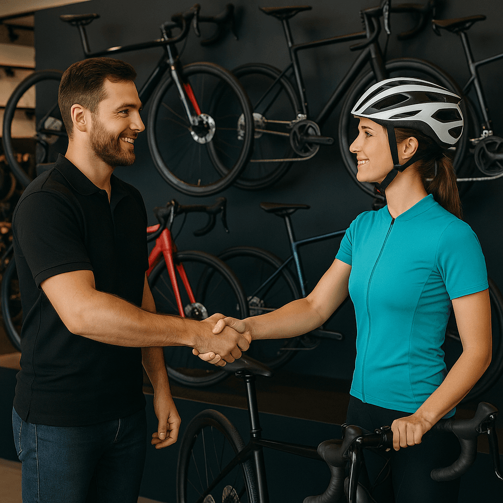 Parceria BikeSegurada - Lojista e cliente em bike shop